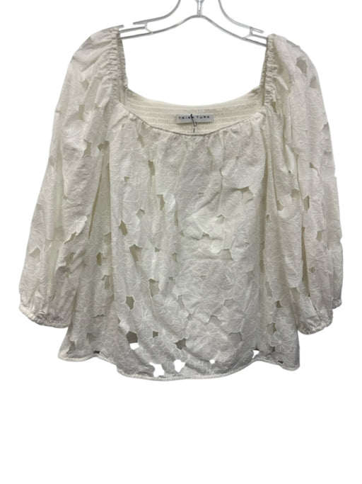 Trina Turk Size L White Cotton Long Balloon Sleeve Cut Out Shirred Back Top White / L