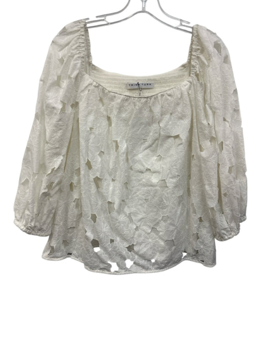 Trina Turk Size L White Cotton Long Balloon Sleeve Cut Out Shirred Back Top White / L