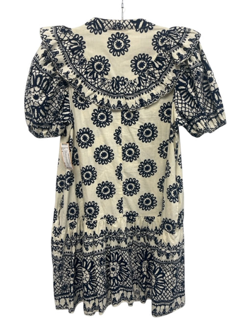 Love The Label Size M Cream Beige & Navy Blue Cotton Short Puff Sleeve Dress Cream Beige & Navy Blue / M