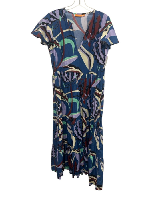 Oliphant Size M Blue & Multi Cotton Abstract Floral Flutter Cap Sleeve Dress Blue & Multi / M
