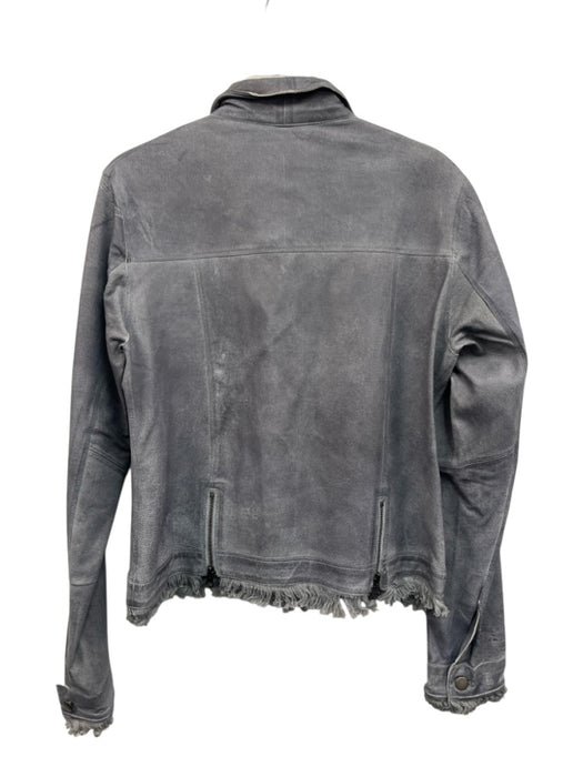 Jakett Size L Gray Blue Leather Button Front Fringe Trim Breast Pockets Jacket Gray Blue / L