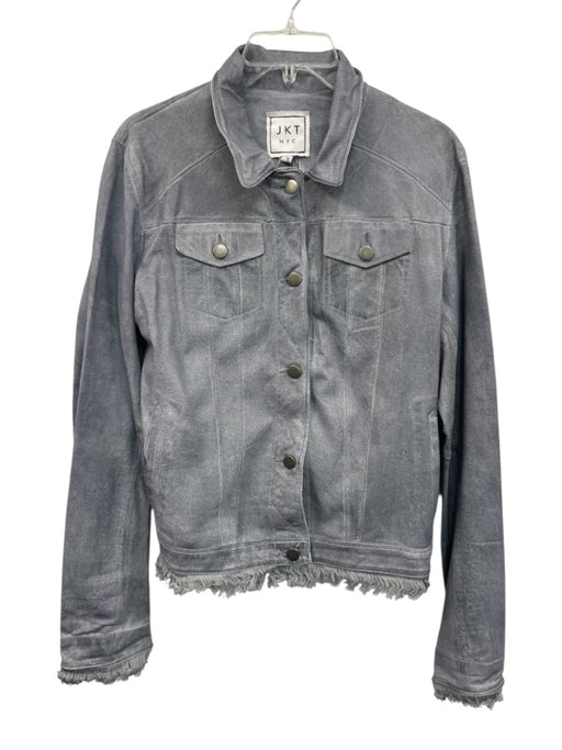 Jakett Size L Gray Blue Leather Button Front Fringe Trim Breast Pockets Jacket Gray Blue / L