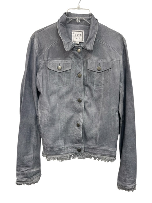 Jakett Size L Gray Blue Leather Button Front Fringe Trim Breast Pockets Jacket Gray Blue / L