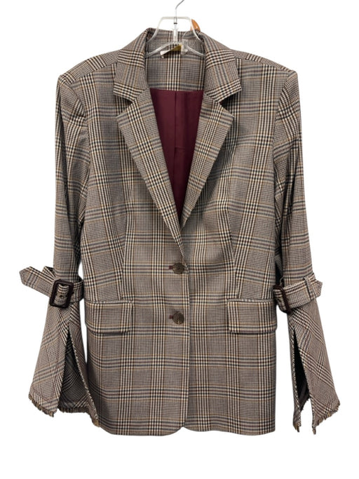 Ramy Brook Size 8 Cream, Brown & Blue Polyester Blend Houndstooth Plaid Jacket Cream, Brown & Blue / 8