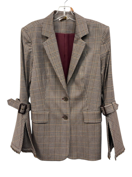 Ramy Brook Size 8 Cream, Brown & Blue Polyester Blend Houndstooth Plaid Jacket Cream, Brown & Blue / 8