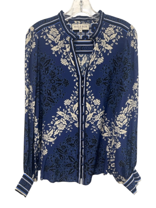 Hale Bob Size M Blue, White & Black Silk Floral Long Balloon Sleeve Top Blue, White & Black / M