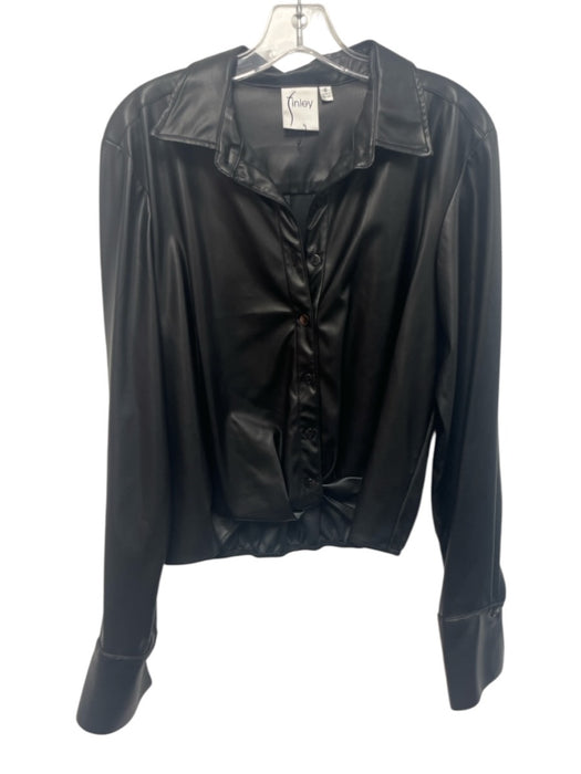 Finley Size S Black PU Leather Long Sleeve Button Up Twist Detail Collared Top Black / S