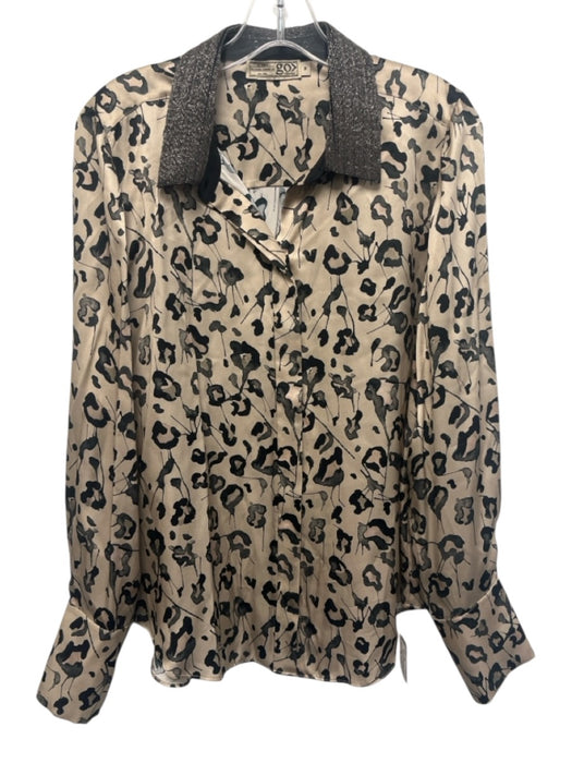 Go > Go Silk Size M Cream Beige & Black Silk Abstract Print Long Sleeve Top Cream Beige & Black / M