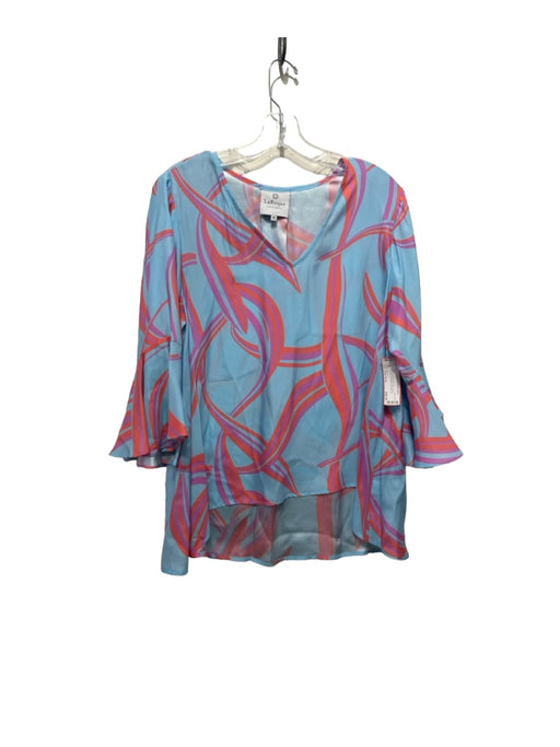 La Roque Size One Size Blue, Pink & Purple Silk V Neck Abstract Bell Sleeves Top Blue, Pink & Purple / One Size