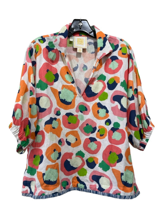 Emily McCarthy Size M White Pink & Green Linen Collar Abstract 1/2 sleeve Top White Pink & Green / M