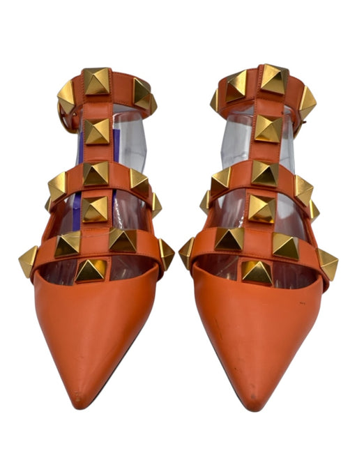 Valentino Shoe Size 37 Orange & Gold Leather Pointed Toe Rock Studs Flats Orange & Gold / 37
