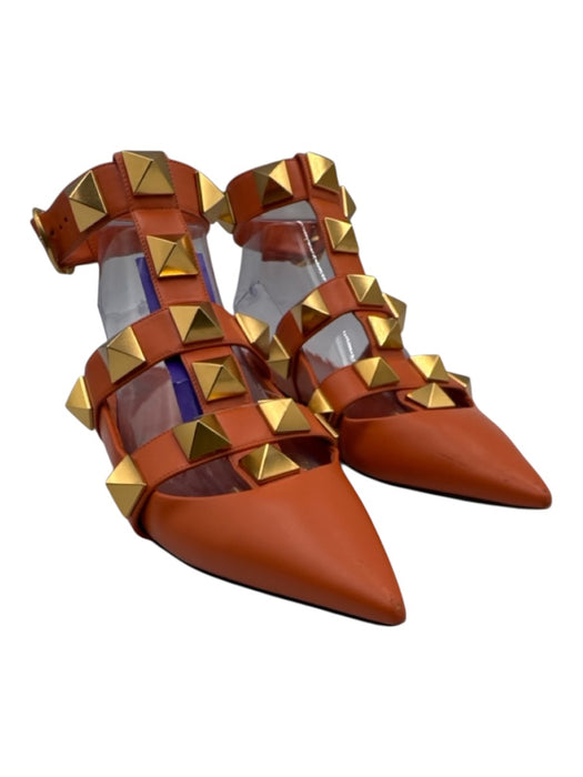 Valentino Shoe Size 37 Orange & Gold Leather Pointed Toe Rock Studs Flats Orange & Gold / 37
