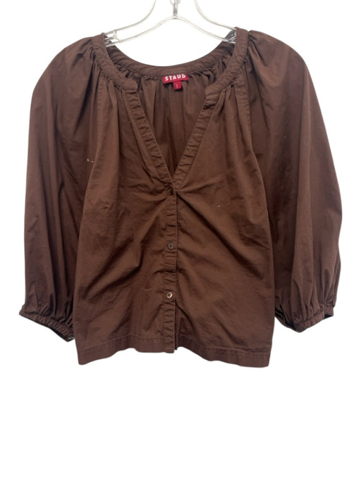 Staud Size L Brown Cotton 3/4 Balloon Sleeve Button Up V Neck Top Brown / L