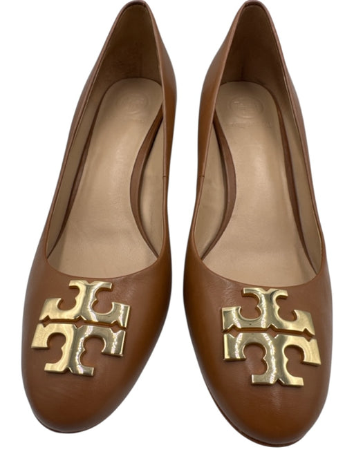 Tory Burch Shoe Size 7.5 Brown Leather Block Heel Round Toe Logo Pumps Brown / 7.5