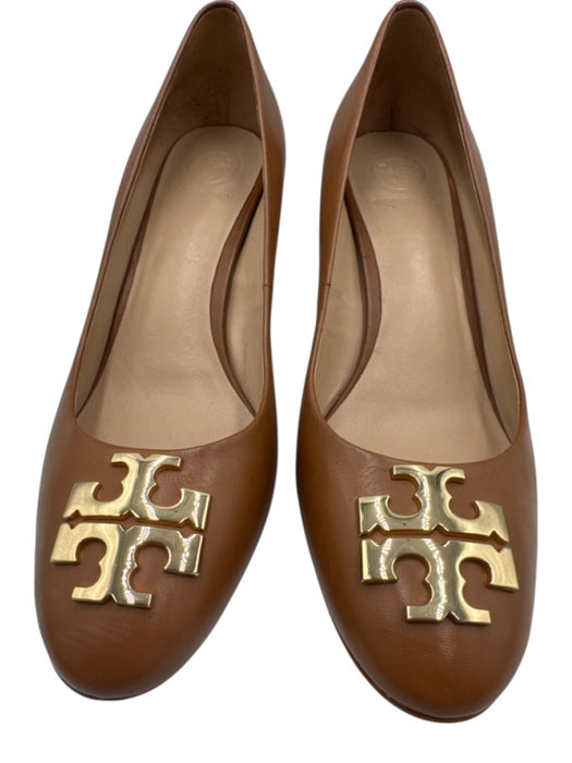 Tory Burch Shoe Size 7.5 Brown Leather Block Heel Round Toe Logo Pumps Brown / 7.5