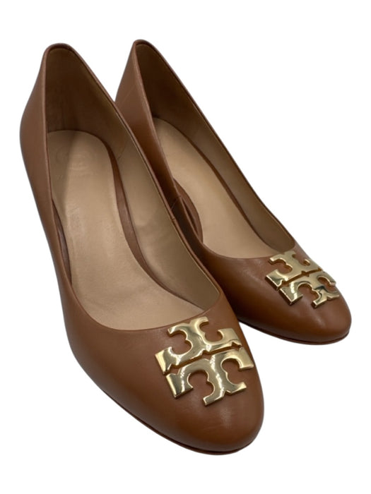 Tory Burch Shoe Size 7.5 Brown Leather Block Heel Round Toe Logo Pumps Brown / 7.5