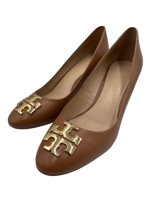 Tory Burch Shoe Size 7.5 Brown Leather Block Heel Round Toe Logo Pumps Brown / 7.5
