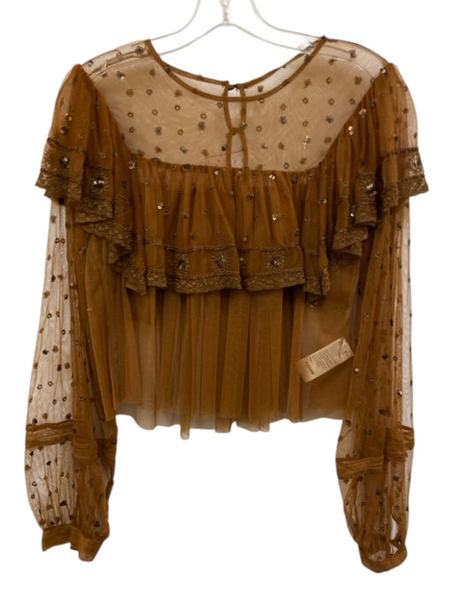 Free People Size S Brown Nylon Mesh Sequin Ruffle Long Sleeve Top Brown / S