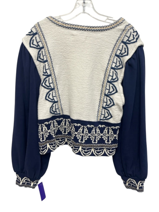 By Anthropologie Size M White & Navy Print Cotton Embroidered Sweater White & Navy Print / M