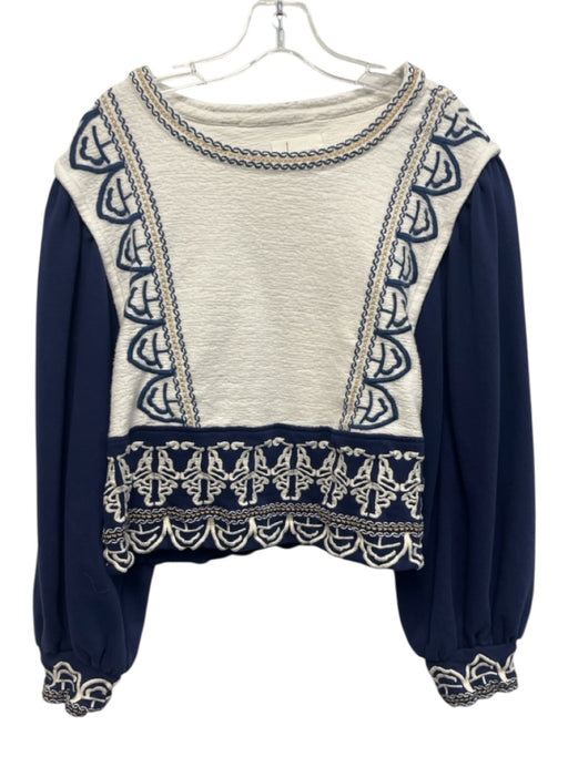 By Anthropologie Size M White & Navy Print Cotton Embroidered Sweater White & Navy Print / M
