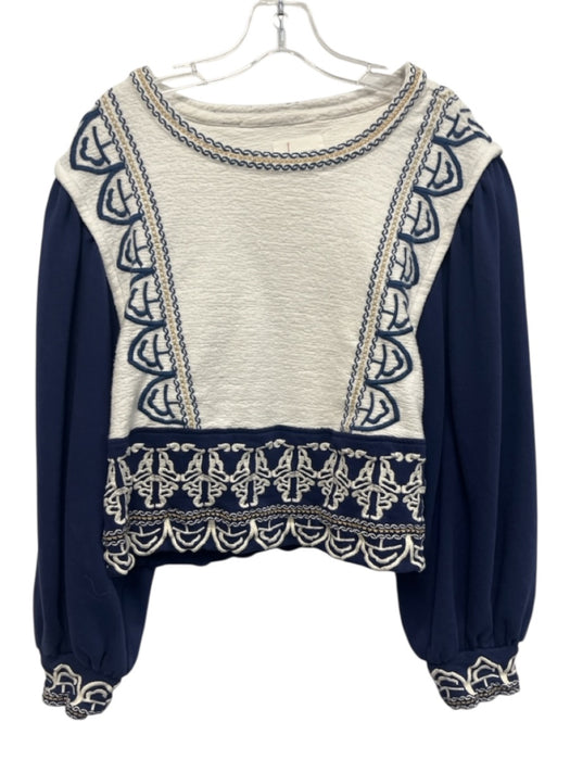 By Anthropologie Size M White & Navy Print Cotton Embroidered Sweater White & Navy Print / M
