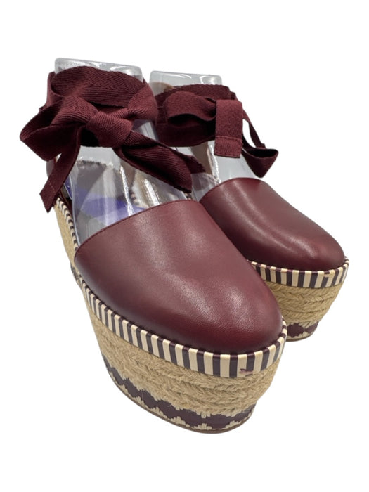 Tory Burch Shoe Size 6 Red & Beige Leather Platform Jute Espadrille Red & Beige / 6