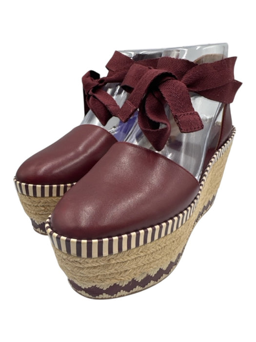 Tory Burch Shoe Size 6 Red & Beige Leather Platform Jute Espadrille Red & Beige / 6