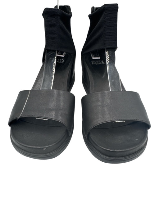 Eileen Fisher Shoe Size 6.5 Black Leather Back Zip Wedge Sandals Black / 6.5