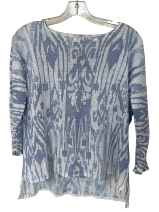 Kinross Size S White & Blue Linen Ikat Long Sleeve Top White & Blue / S