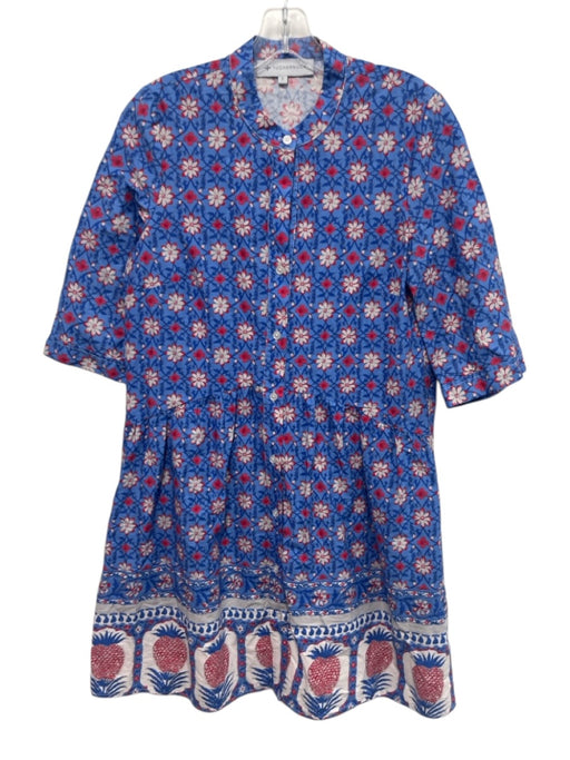 Tuckernuck Size S Blue & Multi Cotton Button Front Floral Print 1/2 Arm Dress Blue & Multi / S