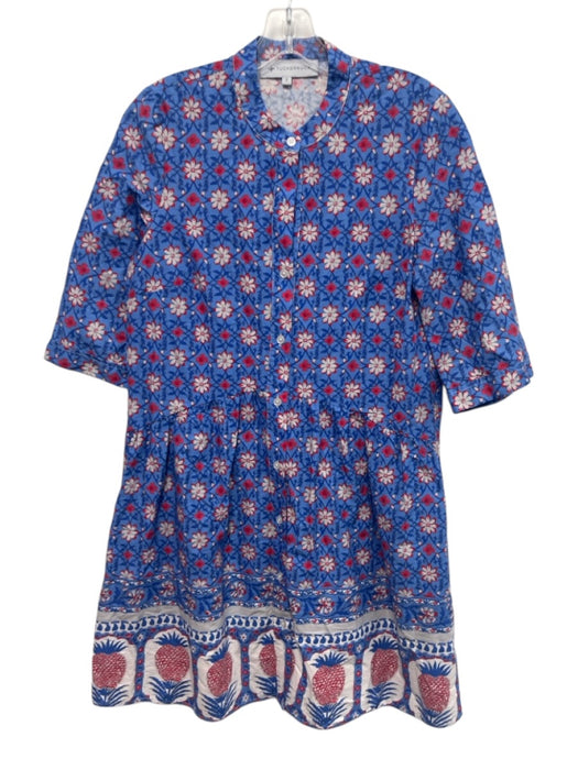 Tuckernuck Size S Blue & Multi Cotton Button Front Floral Print 1/2 Arm Dress Blue & Multi / S