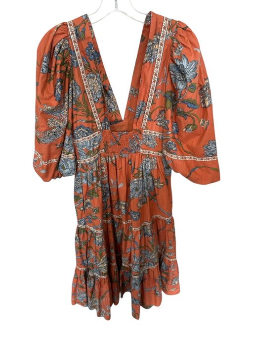 House of Harlow Size M Orange & Blue Cotton V Neck Floral Puff 1/2 Sleeve Dress Orange & Blue / M