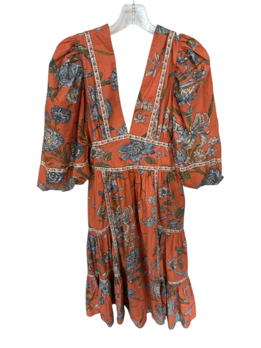 House of Harlow Size M Orange & Blue Cotton V Neck Floral Puff 1/2 Sleeve Dress Orange & Blue / M