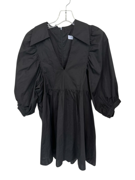 Hunter Bell Size M Black Cotton V Neck Collar Puff 1/2 Sleeve Mini Dress Black / M