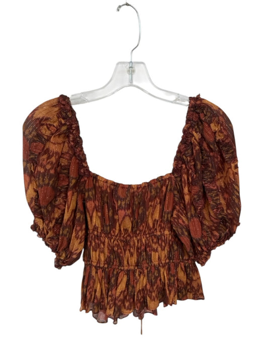 Ulla Johnson Size 8 Brown & Orange Cotton Blend Animal Print Balloon Sleeve Top Brown & Orange / 8