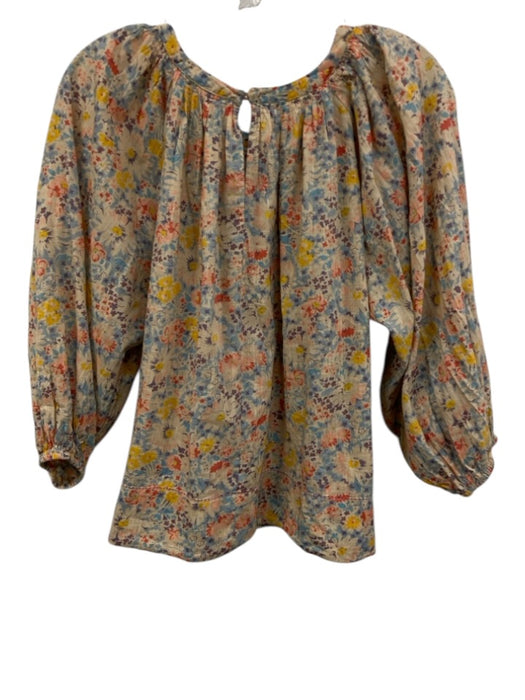 The Great Size 1 / S Beige, Blue, & Multi Cotton Floral Gathered Neck Top Beige, Blue, & Multi / 1 / S