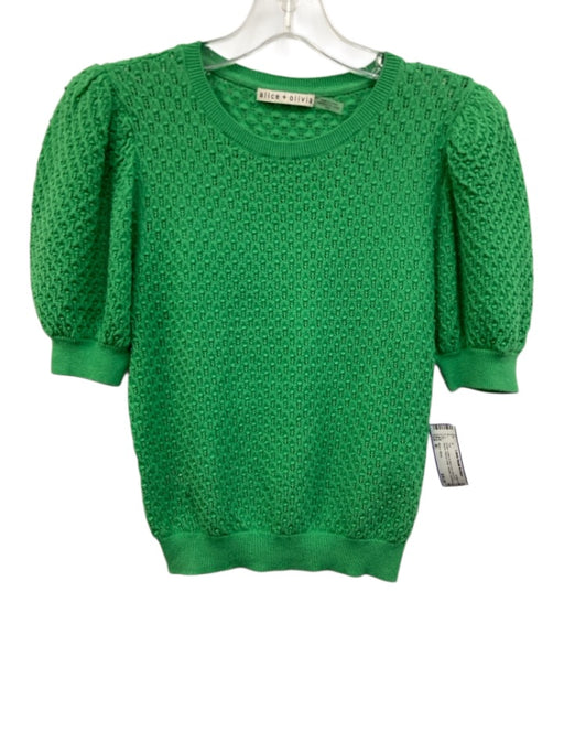Alice + Olivia Size M Green Cotton & Wool Knit Short Puff Sleeve Sweater Top Green / M