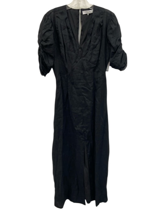 Frame Size S Black Ramie Front Slit Short Puff Sleeve Maxi Dress Black / S