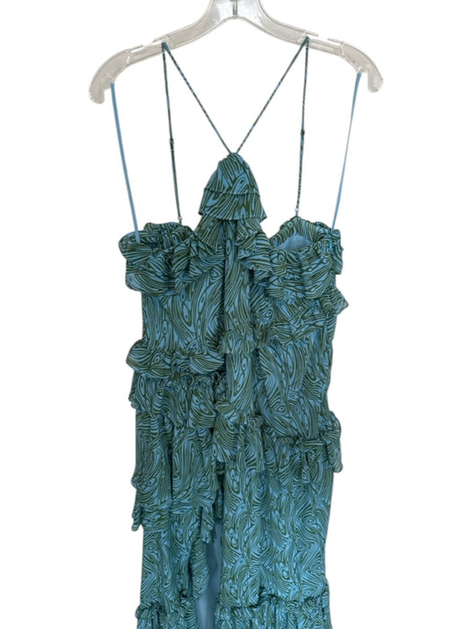 Cinq a Sept Size 8 Blue & Green Polyester Spaghetti Strap Swirls Ruffles Dress Blue & Green / 8