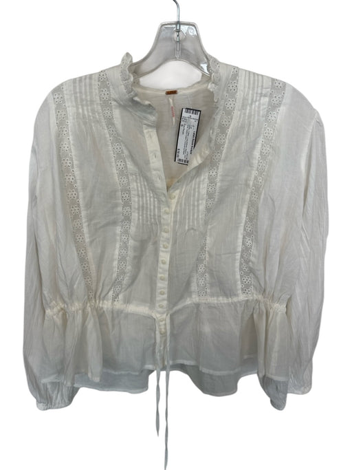 Free People Size S White Cotton Long Balloon Sleeve Lace Trim Button Down Top White / S