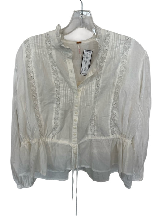 Free People Size S White Cotton Long Balloon Sleeve Lace Trim Button Down Top White / S
