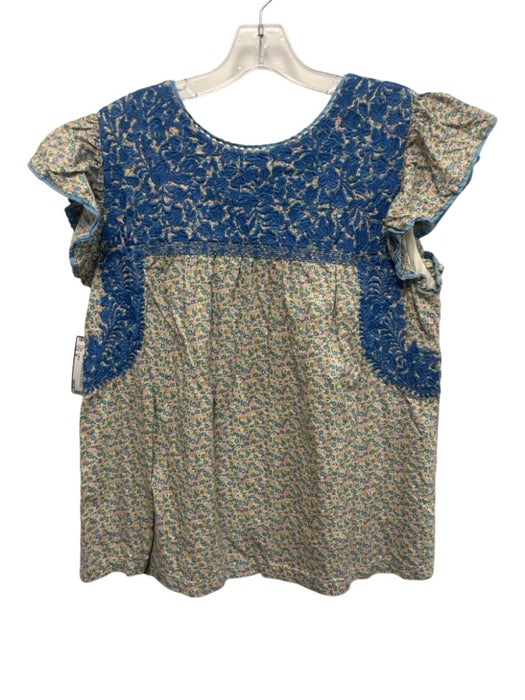 J. Marie Size M Blue, Green, Pink Cotton Ruffle Cap Sleeve Embroidered Yoke Top Blue, Green, Pink / M