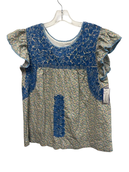 J. Marie Size M Blue, Green, Pink Cotton Ruffle Cap Sleeve Embroidered Yoke Top Blue, Green, Pink / M