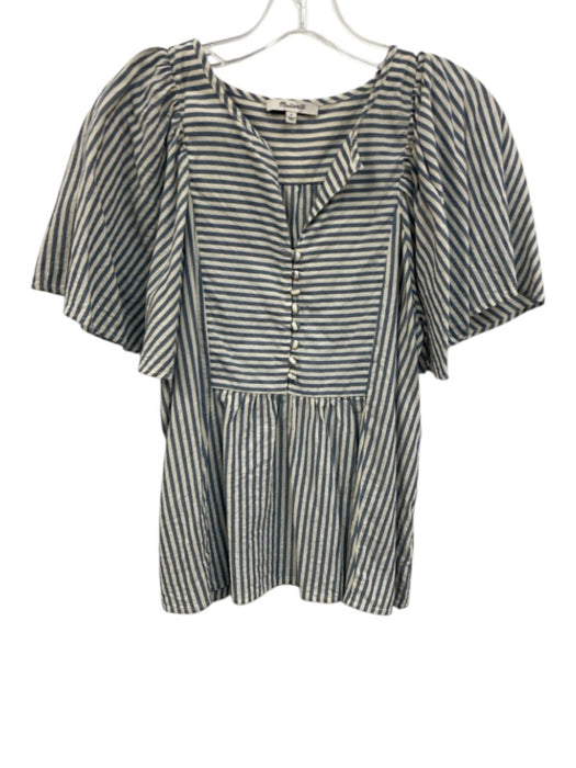 Madewell Size S Blue & White Cotton Striped Buttons Wide Sleeves Top Blue & White / S