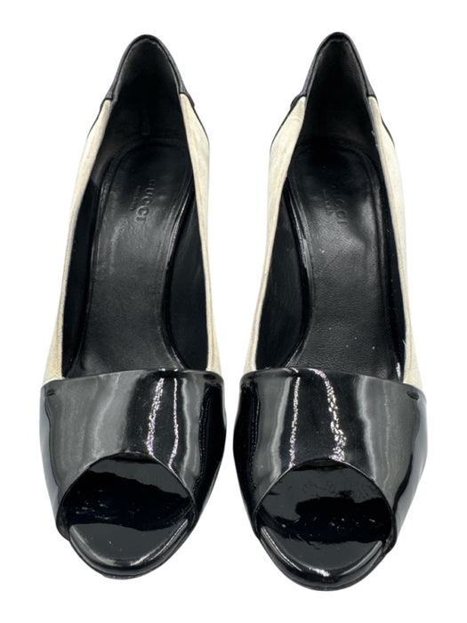 Gucci Shoe Size 6.5 Black & White Patent Leather Nubuck Peep Toe Stiletto Pumps Black & White / 6.5
