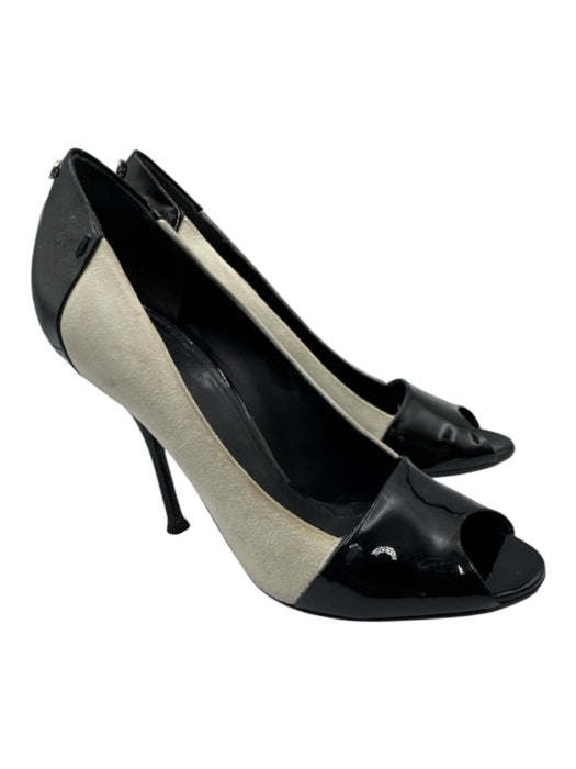 Gucci Shoe Size 6.5 Black & White Patent Leather Nubuck Peep Toe Stiletto Pumps Black & White / 6.5
