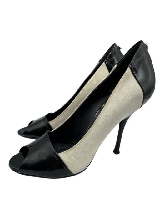 Gucci Shoe Size 6.5 Black & White Patent Leather Nubuck Peep Toe Stiletto Pumps Black & White / 6.5