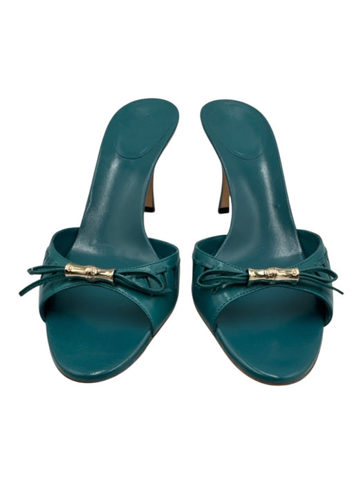 Gucci Shoe Size 6.5 Teal Blue Leather Silver Tone Accent Bamboo Detail Bow Mules Teal Blue / 6.5