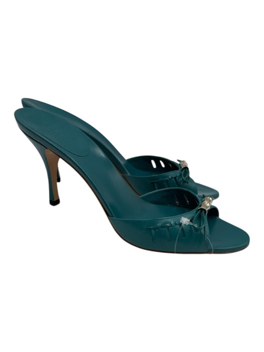 Gucci Shoe Size 6.5 Teal Blue Leather Silver Tone Accent Bamboo Detail Bow Mules Teal Blue / 6.5