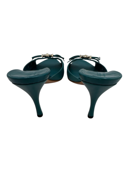 Gucci Shoe Size 6.5 Teal Blue Leather Silver Tone Accent Bamboo Detail Bow Mules Teal Blue / 6.5